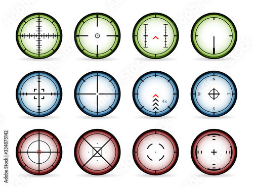 Vector set of rifle or laser cross-hairs isolated on a white background. Can represent aim, sniping, hunting, shooting range, a weapon, a target, an objective, a video game, a first person shooter and