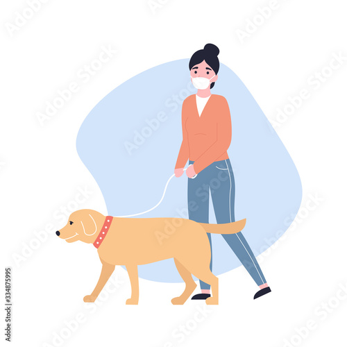 Woman in a protective medical mask walk with a dog on the street. nCoV. Сovid 2019, Coronovirus concept. Novel coronavirus pandemic. Flat vector modern cartoon illustration.