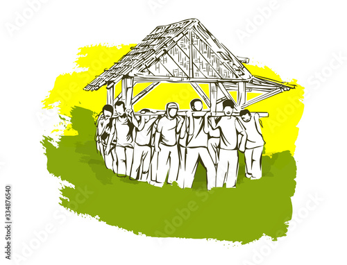 Traditional teamwork from Indonesia, together we can. Teamwork is better. It is "Gotong Royong" from Indonesia and Nusantara fellow villagers. Work together to build something to finish quickly.