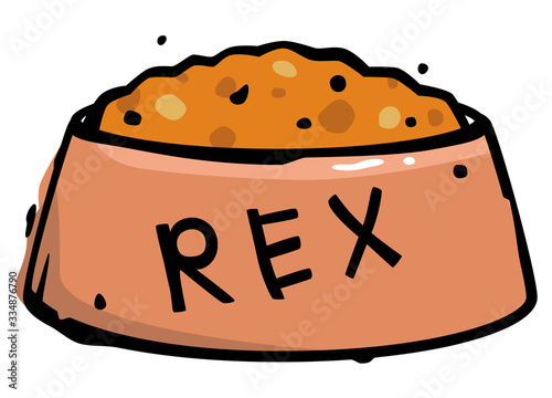 Vector drawing of a dog food bowl with the name Rex written on it. Draw with a black outline and isolated on white. Can represent canine nutrition or a pet shop.