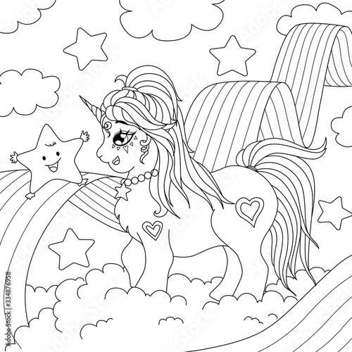 Cute little unicorn playing with stars and rainbow for coloring book page for children. Vector illustration