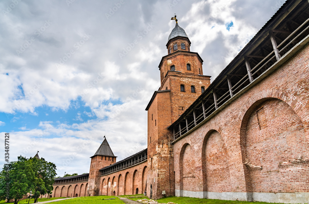 Defensive walls of Novgorod Detinets in Veliky Novgorod, Russia