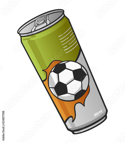 Vector drawing of a sports drink in a green aluminum can with a flaming football / soccer ball logo. Isolated on white.