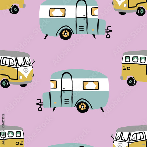 Seamless repeat retro campervan. Vintage bus wagon seamless pattern with pink background