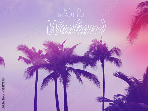 Hello beautiful weekend word and pink palm trees pastel tone background