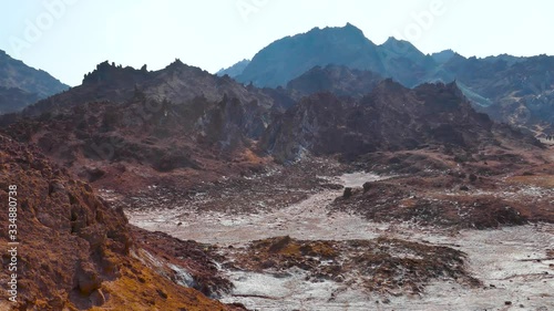 Left to right pan over stunning scenery colorful rainbow mountains with blue sky photo