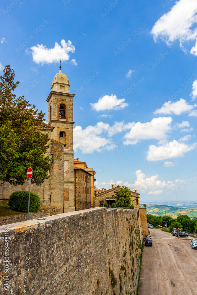 Cingoli street view with Balcone delle Marche or Balcony of Marche and Church of San Filippo Neri in Cingoli, Marche Region, Province of Macerata, Italy