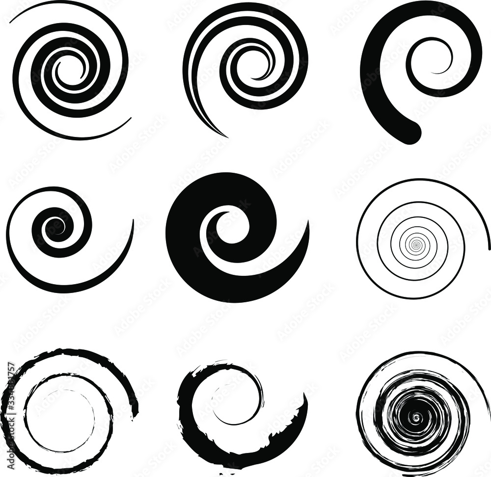 Set of black spiral shapes on a white background. Vector illustration. Trendy element for web pages, prints, textile, logo, geometric tattoo, pattern and template design