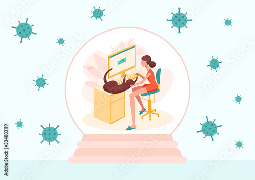 Glass ball with a female freelance work on computer with a cat. Creativity process, workplace. Vector illustration in flat cartoon style. Work from home during an outbreak of the COVID-19 virus