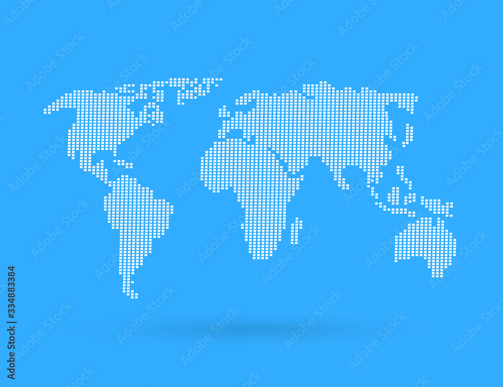 Abstract white polka dot world map on a blue background