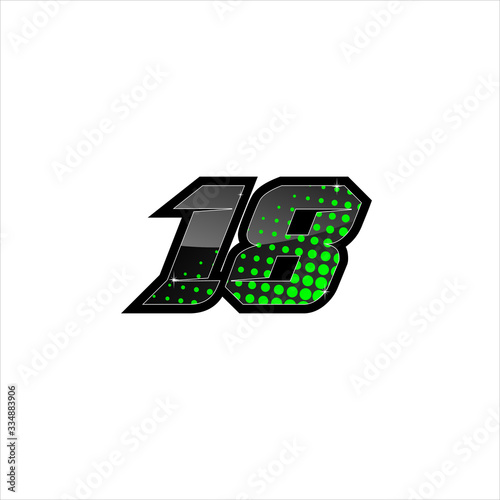 Vector Racing number 18, start racing number, sport race number with green black color and halftone dots style isolated on white background