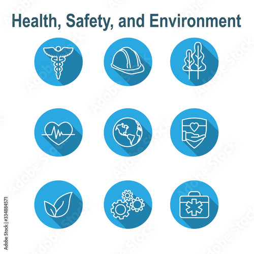Health Safety and Environment Icon Set  with medical, safety, & leaves icons