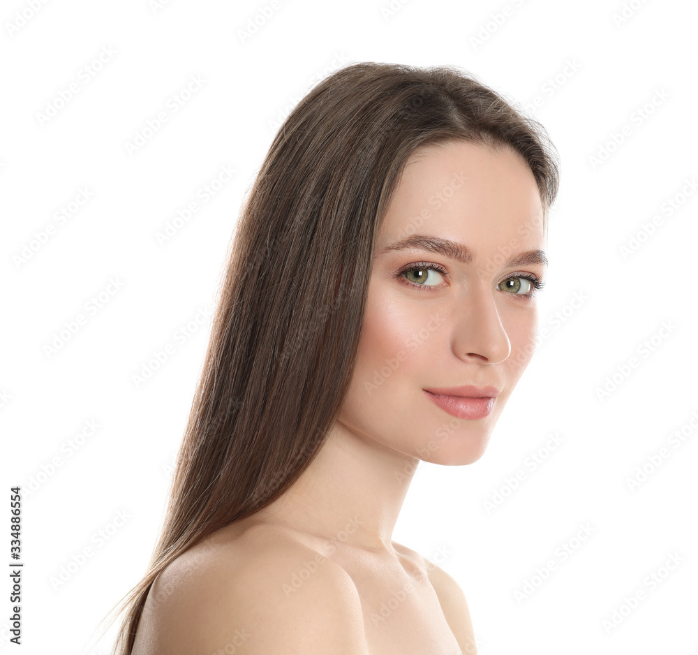 Portrait of young woman with beautiful face on white background Portrait of young woman with beautiful face on white background
