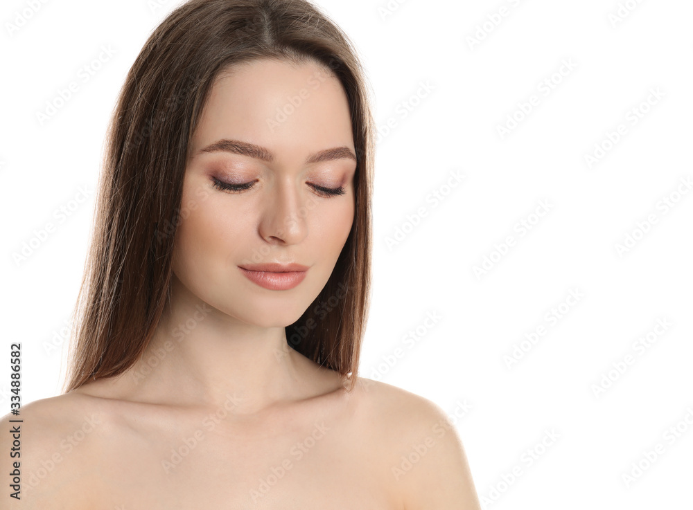 Portrait of young woman with beautiful face on white background Portrait of young woman with beautiful face on white background