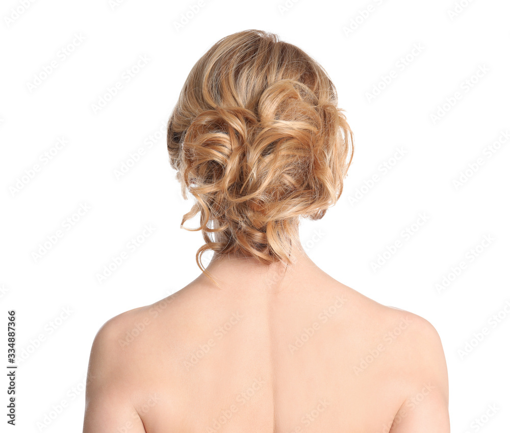 Fototapeta premium Beautiful woman with healthy blonde hair on white background, back view