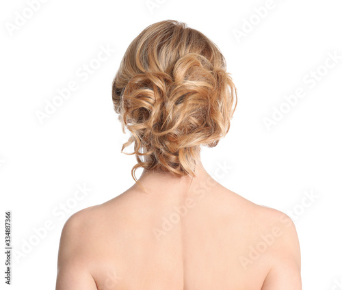 Beautiful woman with healthy blonde hair on white background  back view
