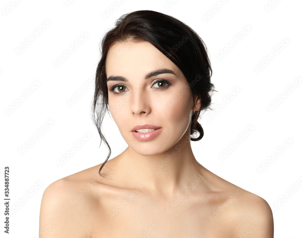 Obraz premium Portrait of young woman with beautiful hair on white background