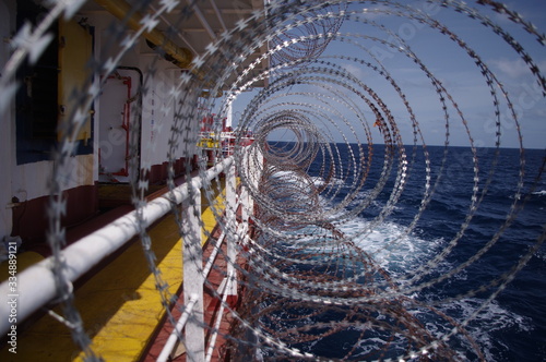 Razor wires on board the ship as anti piracy measure