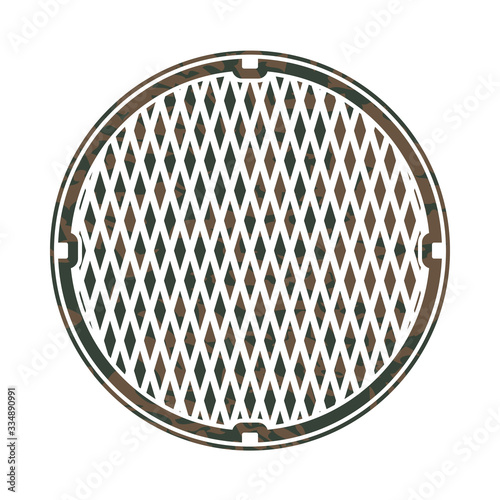 Vector drawing of a rusty and dirty industrial manhole or sewer cap isolated on white. Can be used to represent city infrastructures, waste filth, plumbing, water treatment, urban services and more.