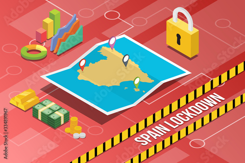 spain country or nation lockdown for stop corona covid-19 spread with isometric modern style