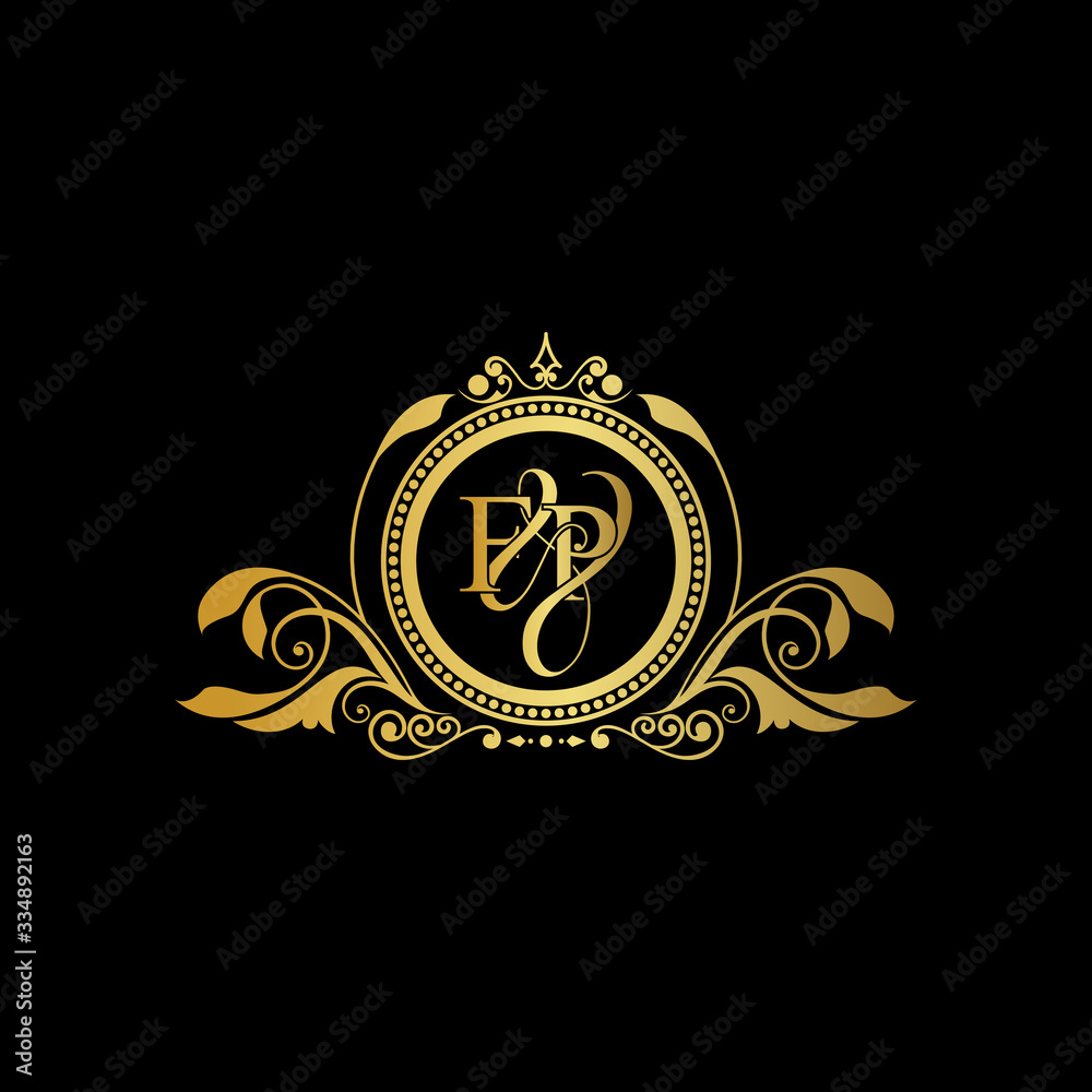 F & P / FP logo initial vector mark. Initial letter F and P FP logo luxury vector mark, gold color elegant classical symmetric curves decor.