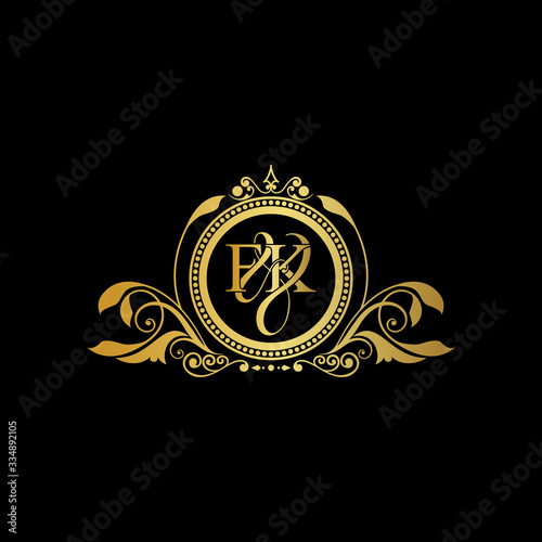 F & K / FK logo initial vector mark. Initial letter F and K FK logo luxury vector mark, gold color elegant classical symmetric curves decor.