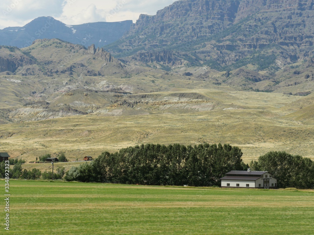 Fototapeta premium Beautiful Wyoming landscape with green plains and tall rugged mountains in the background.