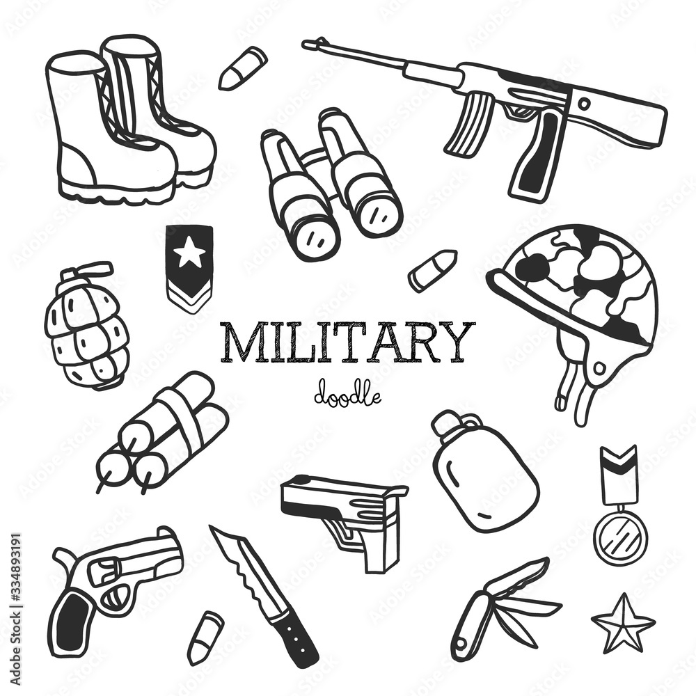 Hand drawing styles for Military items. Soldier doodle. Stock Vector