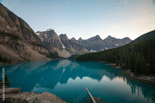 Image of Moraine Lake with Mountains and Water in Banff National Park during Sunset with reflection in the water