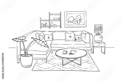 Relaxation place interior sketch with sofa, a plant in a pot, a modern lamp, small designer table and a painting on a wall.