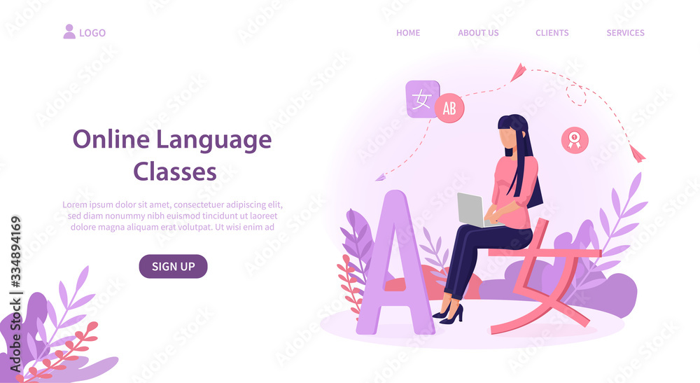 Illustrated online language class concept with woman on laptop. Vector illustration
