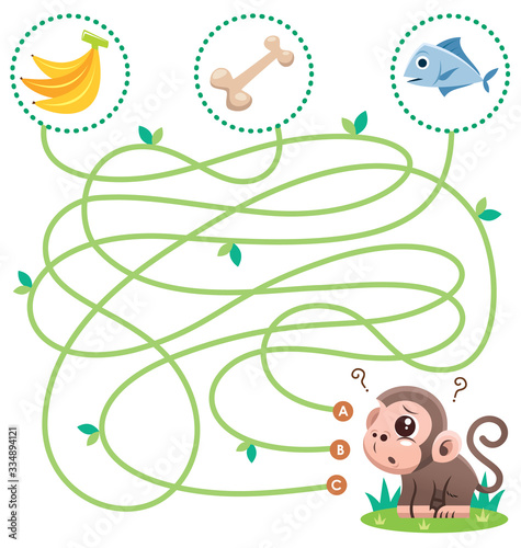 Education Maze Game Monkey with food. Game for kids