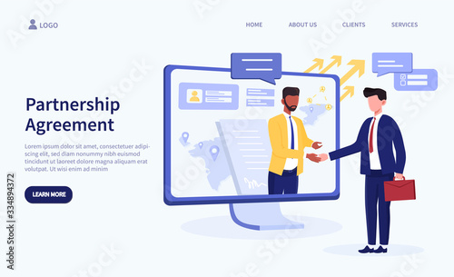 Illustrated partnership agreement theme and men shaking hands through screen. Vector illustration