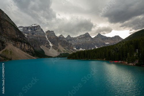 Image of Moraine Lake with Mountains and Water in Banff National Park during Cloudy Weather
