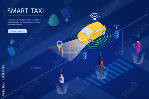 A conceptual illustration of futuristic smart taxi on city street. Vector illustration photo