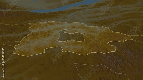 Selenge, province with its capital, zoomed and extruded on the relief map of Mongolia in the conformal Stereographic projection. Animation 3D photo
