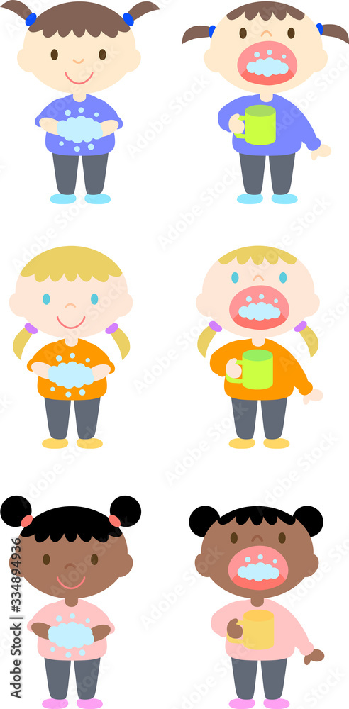 感染症予防の為に手洗いとうがいをする世界の子供たち Children in the world who wash their hands and gargle to prevent infectious diseases 感染症予防の為に手洗いとうがいをする世界の子供たち Children in the world who wash their hands and gargle to prevent infectious diseases