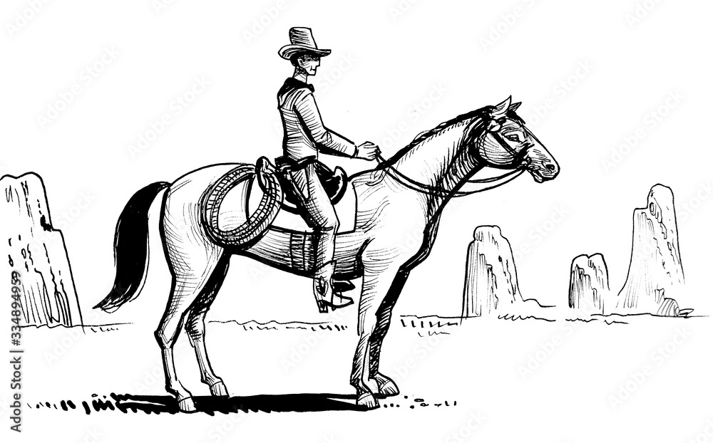 Fototapeta premium Cowboy riding a horse in the desert. Ink black and white drawing