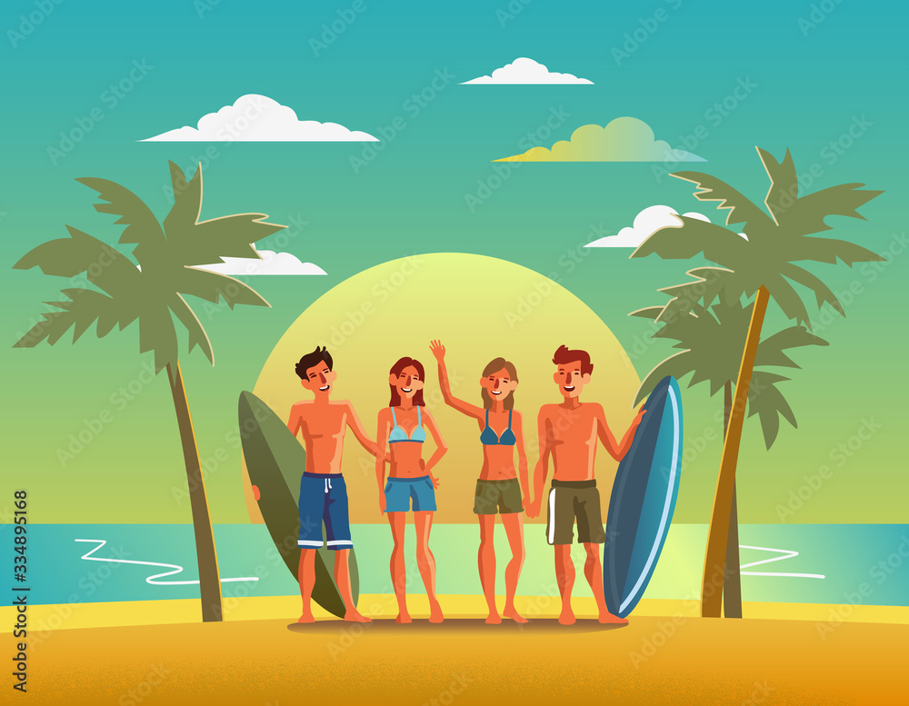 Group of smiling, happy, young friends with surfboards on beach. Travel, vacation, holidays and adventure vector concept illustration. Beach sunset background. Poster design style