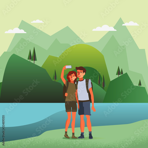 Young couple taking selfie. Travel, vacation, holidays and adventure vector concept illustration. Mountain landscape background. Poster design style