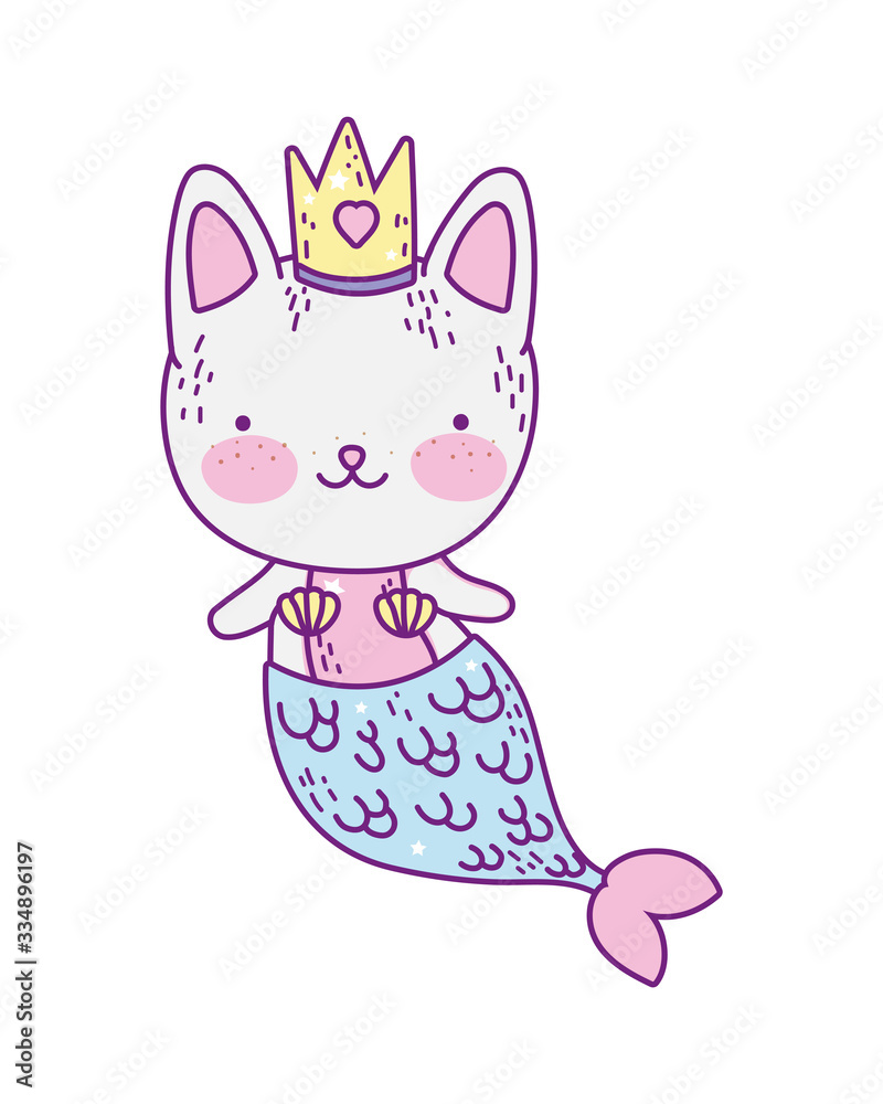Kawaii cat siren cartoon with crown vector design