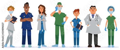 Medical team standing on white background. Doctors and nurses, global and diverse professional teamwork concept. Vector illustration in flat cartoon style.