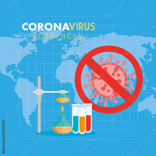 coronavirus 2019 ncov in forbidden sign with medical icons vector illustration design