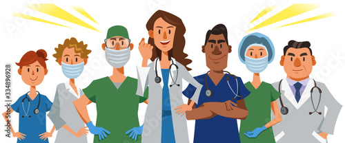 Successful doctors and nurses upper bodies on white background. Vector illustration in flat cartoon style.