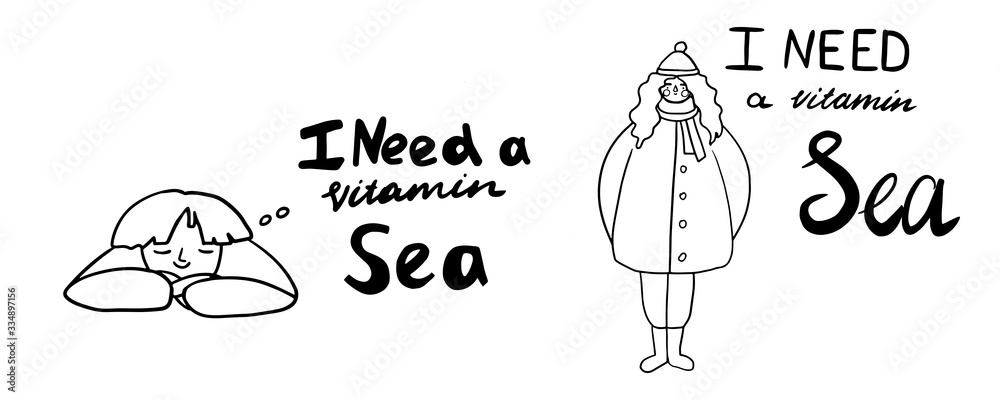 Obraz premium Happy man or woman with dream bubble flat vector illustration. Lettering I need a vitamin Sea. Travel, turism concept. Modern design concepts for web site, print, cards or poster, t shirt design
