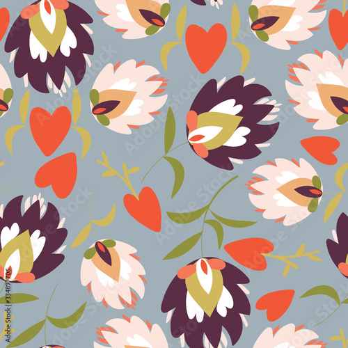 Grey with folk like flowers and red hearts seamless pattern background design.