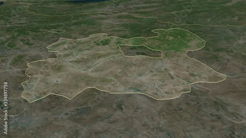 Töv, province with its capital, zoomed and extruded on the satellite map of Mongolia in the conformal Stereographic projection. Animation 3D photo