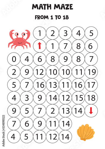 Mathematical maze for children. Crab goes to seashell.