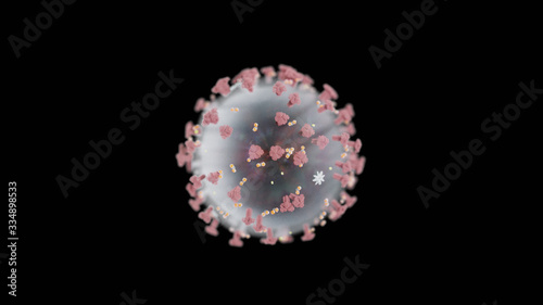 Microscopic shot of a single helath threatening Corona Virus     COVID-19     3D macro rendering     Black background