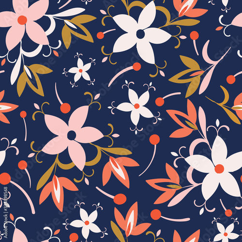 Blue with coral red  white and pink folk florals and golden leaves seamless pattern background design.